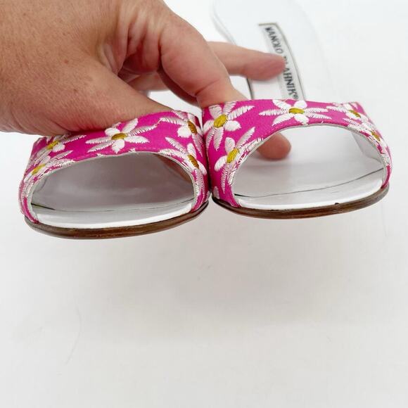 Manolo Blahnik Vintage y2k Pink White Daisy Floral Open Toe Mule Sandal IT 38 - Picture 9 of 13